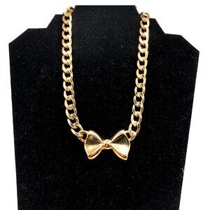 Gold Tone Chunky Curb Chain Bow Statement Necklace